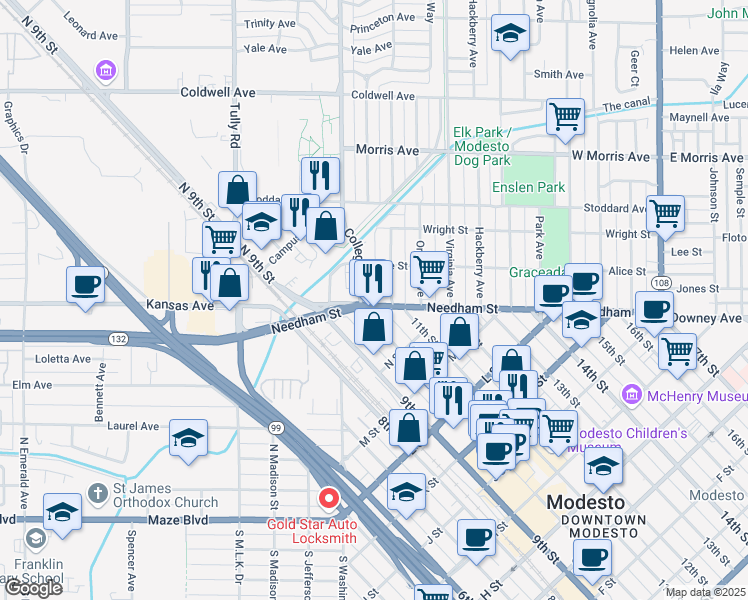 map of restaurants, bars, coffee shops, grocery stores, and more near 1515 10th Street in Modesto