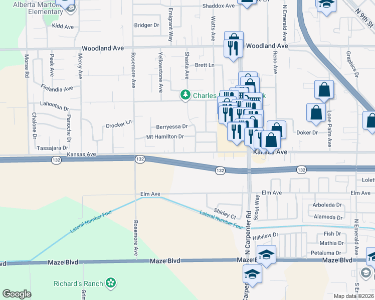 map of restaurants, bars, coffee shops, grocery stores, and more near 1724 Kansas Avenue in Modesto