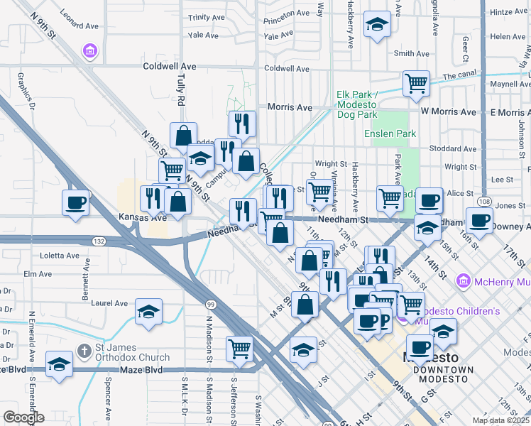 map of restaurants, bars, coffee shops, grocery stores, and more near 1515 10th Street in Modesto