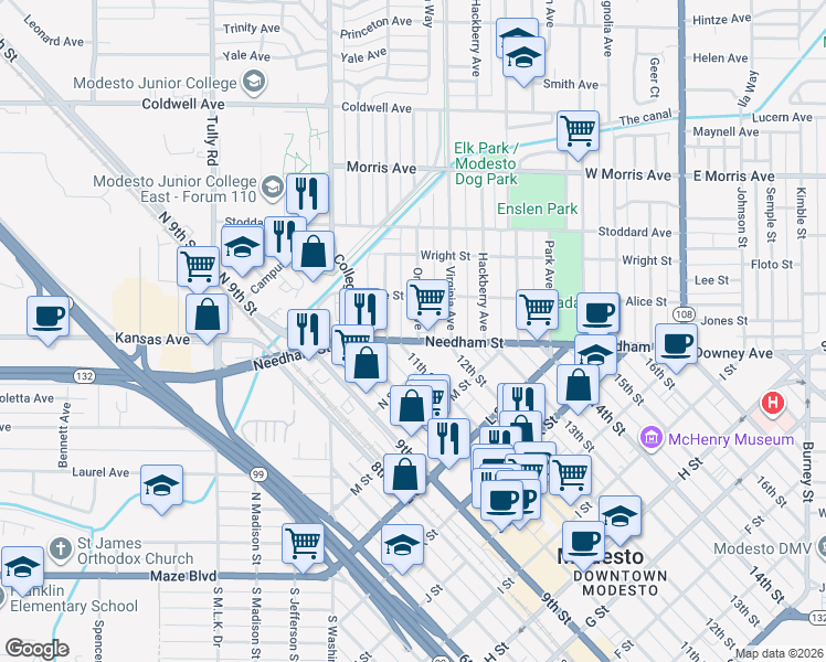 map of restaurants, bars, coffee shops, grocery stores, and more near 105 Orange Avenue in Modesto
