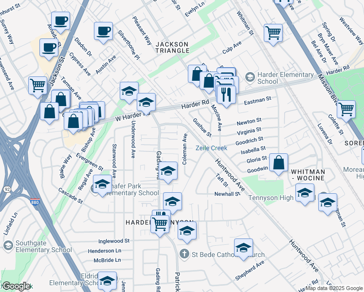 map of restaurants, bars, coffee shops, grocery stores, and more near 26193 Coleman Avenue in Hayward