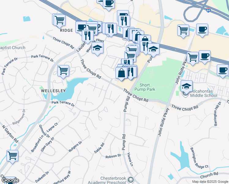 map of restaurants, bars, coffee shops, grocery stores, and more near 3209 Nutley Court in Richmond