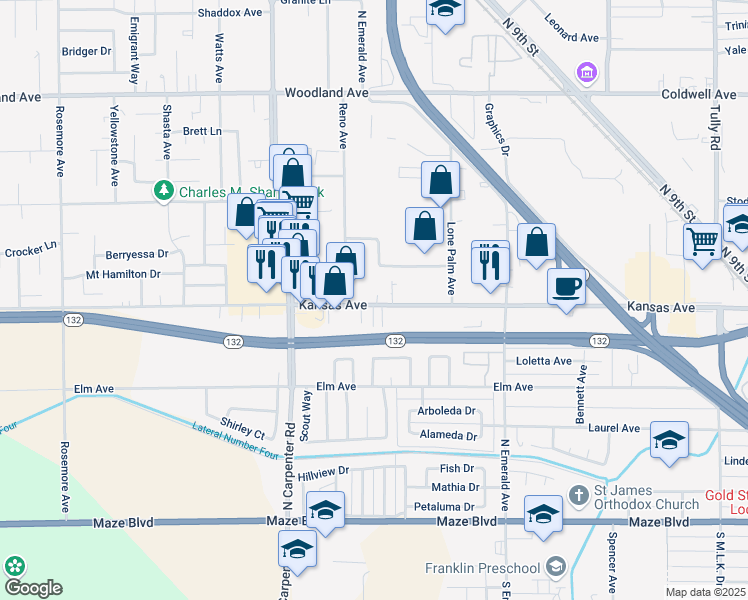 map of restaurants, bars, coffee shops, grocery stores, and more near 1229 Kansas Avenue in Modesto