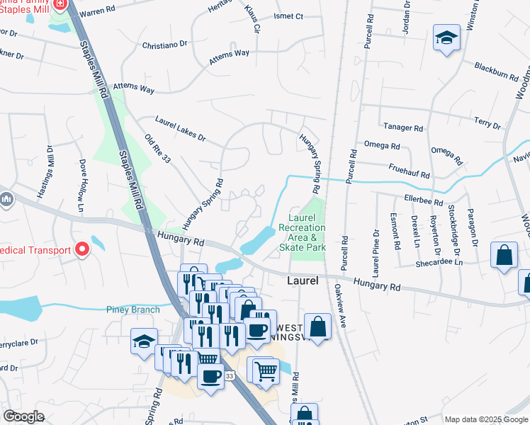 map of restaurants, bars, coffee shops, grocery stores, and more near 9365 Brighter Tower Court in Glen Allen