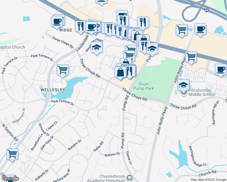 map of restaurants, bars, coffee shops, grocery stores, and more near 3209 Nutley Court in Richmond