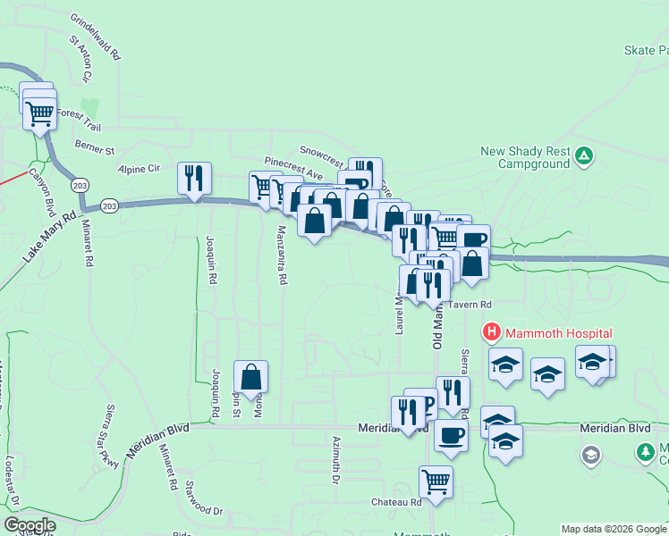 map of restaurants, bars, coffee shops, grocery stores, and more near 94 Shady Rest Rd in Mammoth Lakes