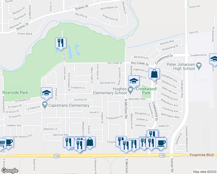 map of restaurants, bars, coffee shops, grocery stores, and more near 3309 Penny Lane in Modesto