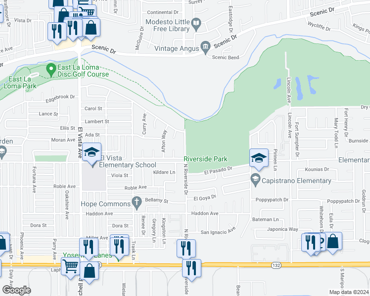 map of restaurants, bars, coffee shops, grocery stores, and more near 2519 Hamble Lane in Modesto
