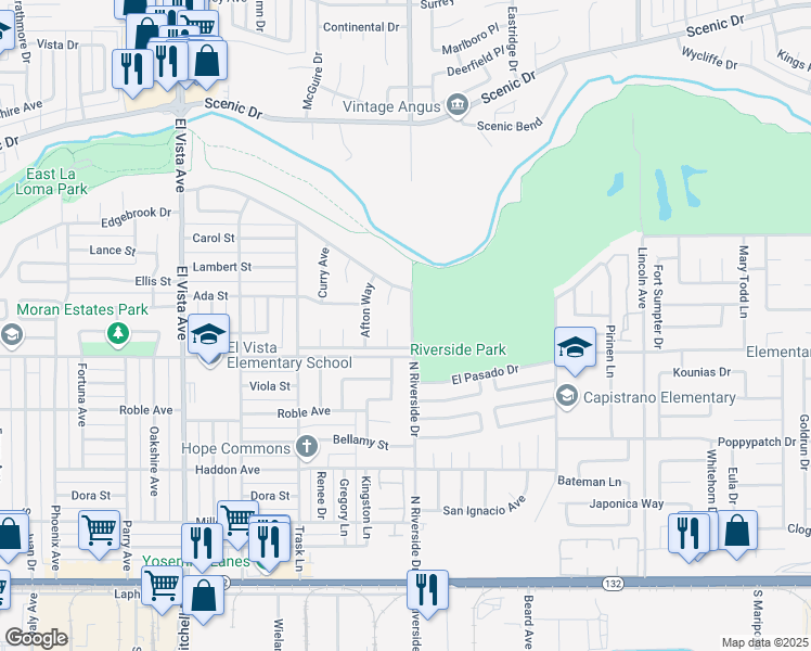 map of restaurants, bars, coffee shops, grocery stores, and more near 2519 Hamble Lane in Modesto