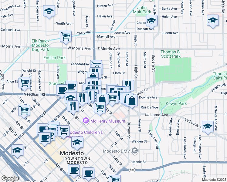 map of restaurants, bars, coffee shops, grocery stores, and more near 137 Downey Avenue in Modesto