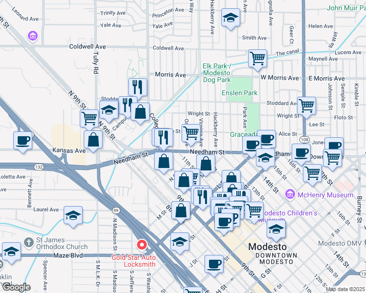 map of restaurants, bars, coffee shops, grocery stores, and more near 1433 11th Street in Modesto