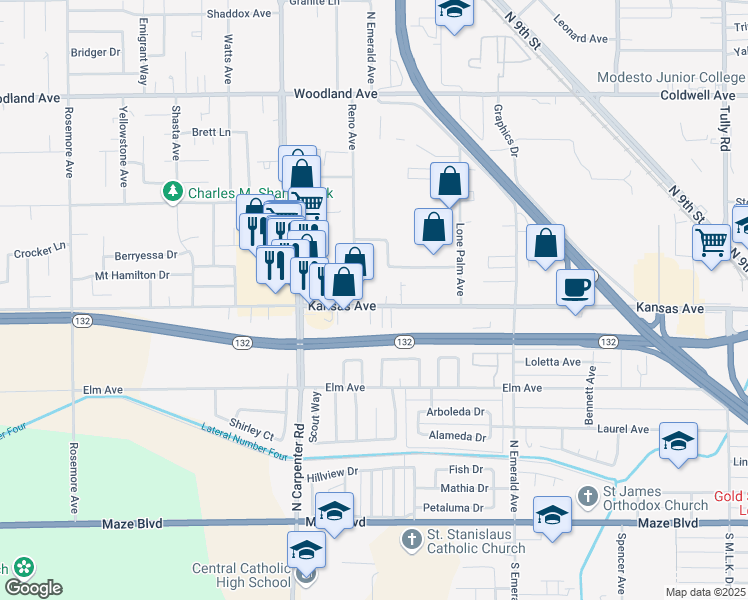map of restaurants, bars, coffee shops, grocery stores, and more near 1300 Kansas Avenue in Modesto