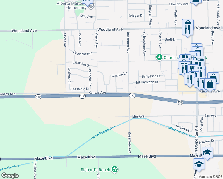 map of restaurants, bars, coffee shops, grocery stores, and more near 537 Kansas Avenue in Modesto