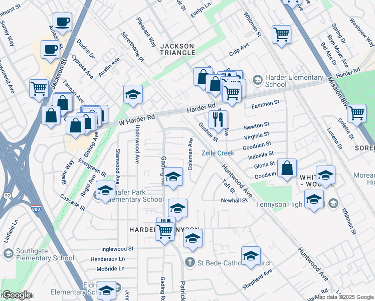 map of restaurants, bars, coffee shops, grocery stores, and more near 26193 Coleman Avenue in Hayward