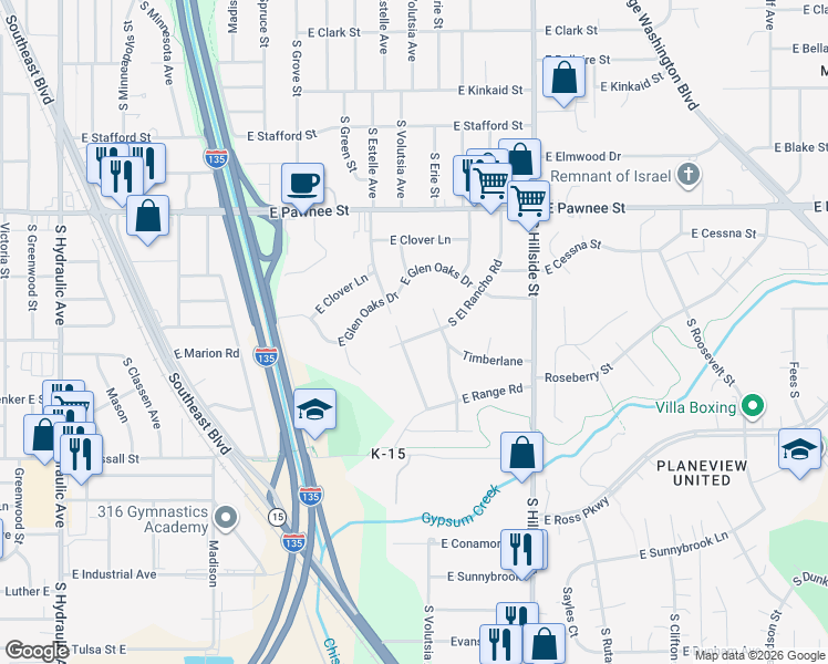 map of restaurants, bars, coffee shops, grocery stores, and more near 2608 South Cheyenne Boulevard in Wichita