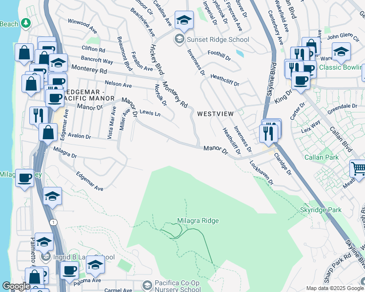 map of restaurants, bars, coffee shops, grocery stores, and more near 498 Manor Drive in Pacifica