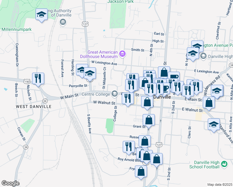 map of restaurants, bars, coffee shops, grocery stores, and more near 600 West Main Street in Danville