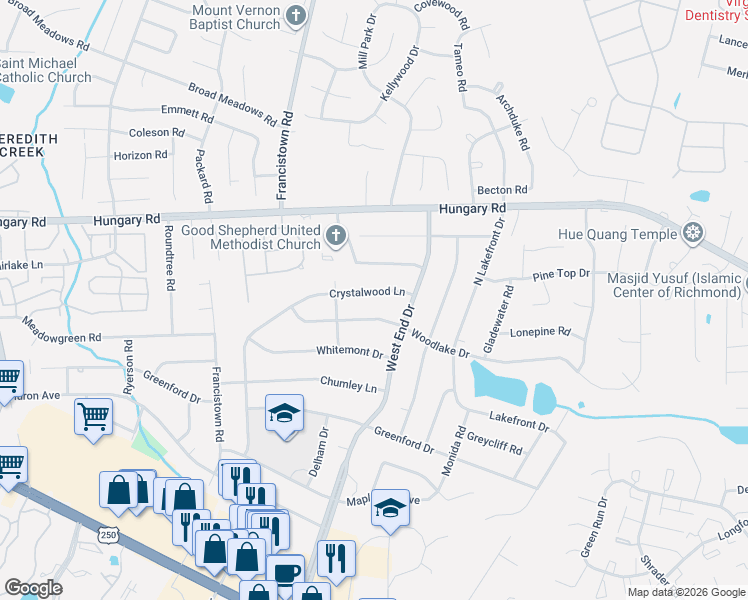 map of restaurants, bars, coffee shops, grocery stores, and more near 9104 Crystalwood Lane in Richmond