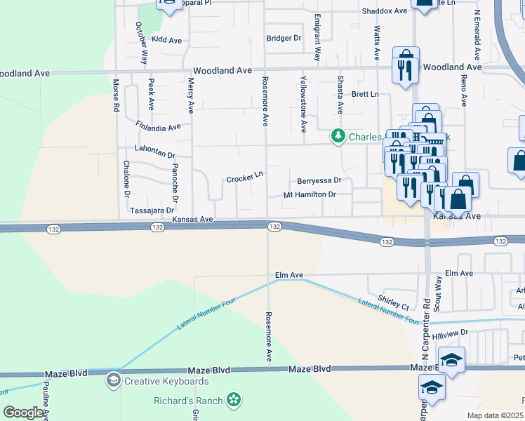 map of restaurants, bars, coffee shops, grocery stores, and more near 904 Mandana Court in Modesto