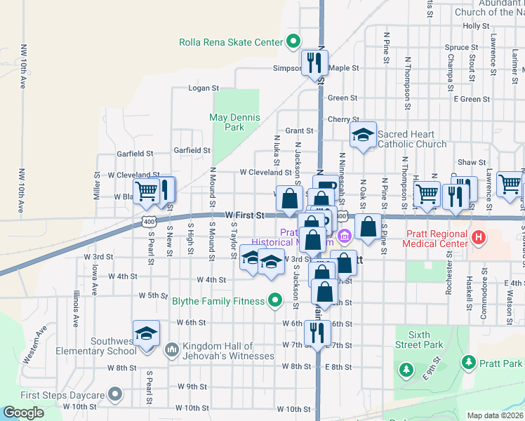 map of restaurants, bars, coffee shops, grocery stores, and more near 322 West 1st Street in Pratt