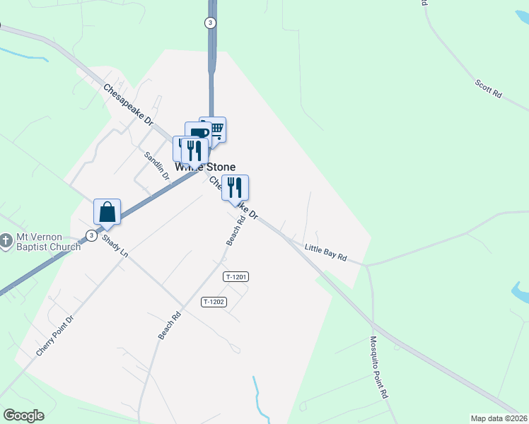 map of restaurants, bars, coffee shops, grocery stores, and more near 599 Chesapeake Drive in White Stone