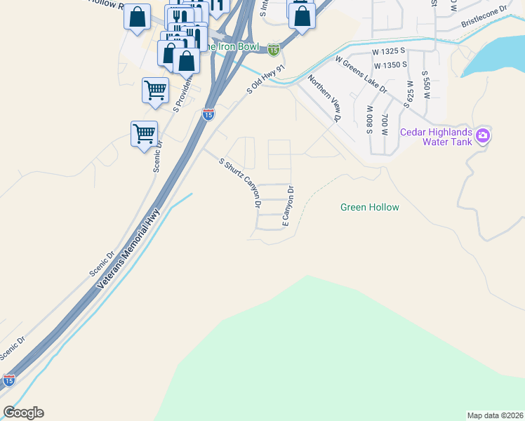 map of restaurants, bars, coffee shops, grocery stores, and more near 1416 West 1700 South in Cedar City