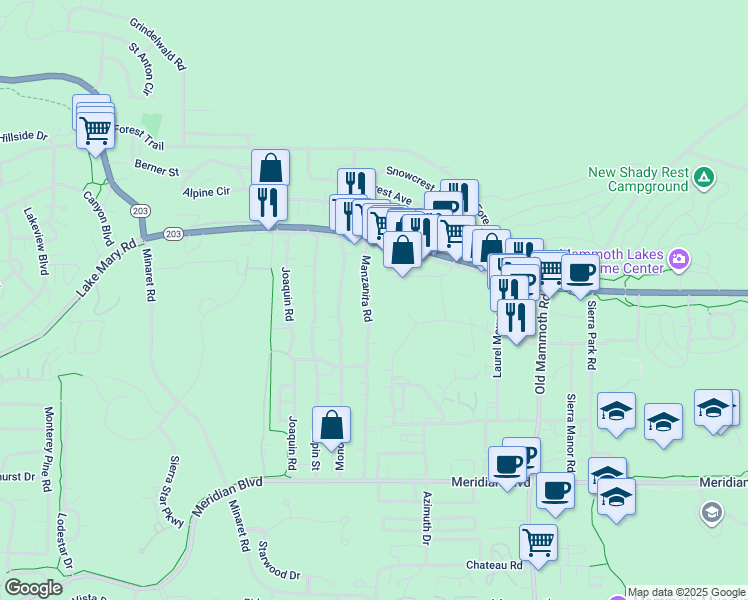 map of restaurants, bars, coffee shops, grocery stores, and more near 82 Manzanita Rd in Mammoth Lakes