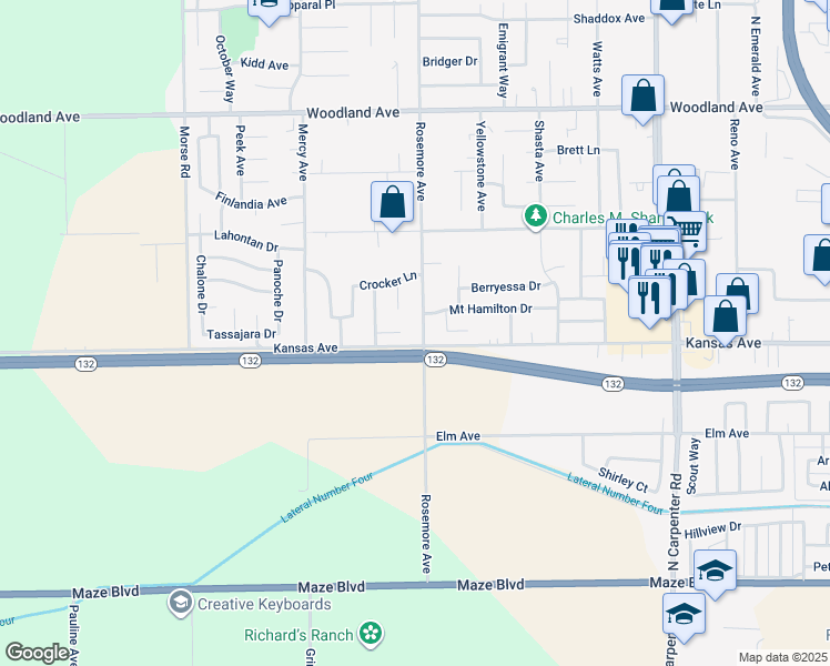 map of restaurants, bars, coffee shops, grocery stores, and more near 904 Mandana Court in Modesto