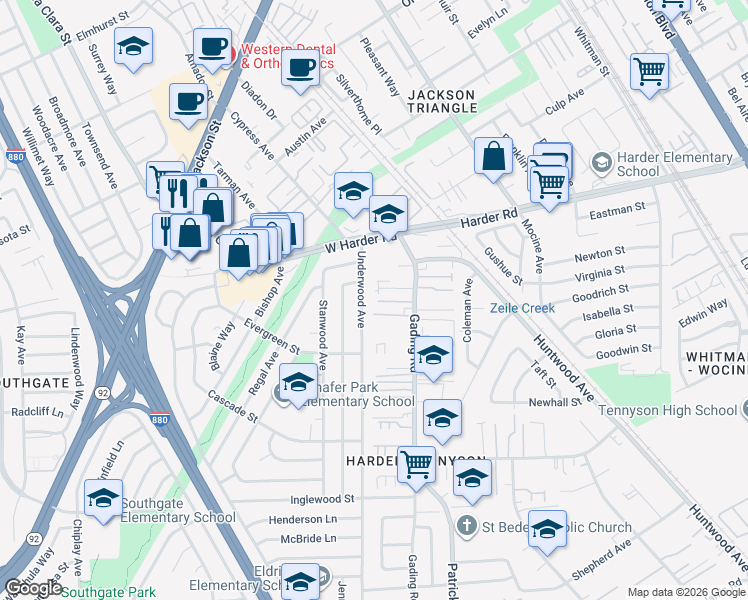 map of restaurants, bars, coffee shops, grocery stores, and more near 25896 Underwood Avenue in Hayward