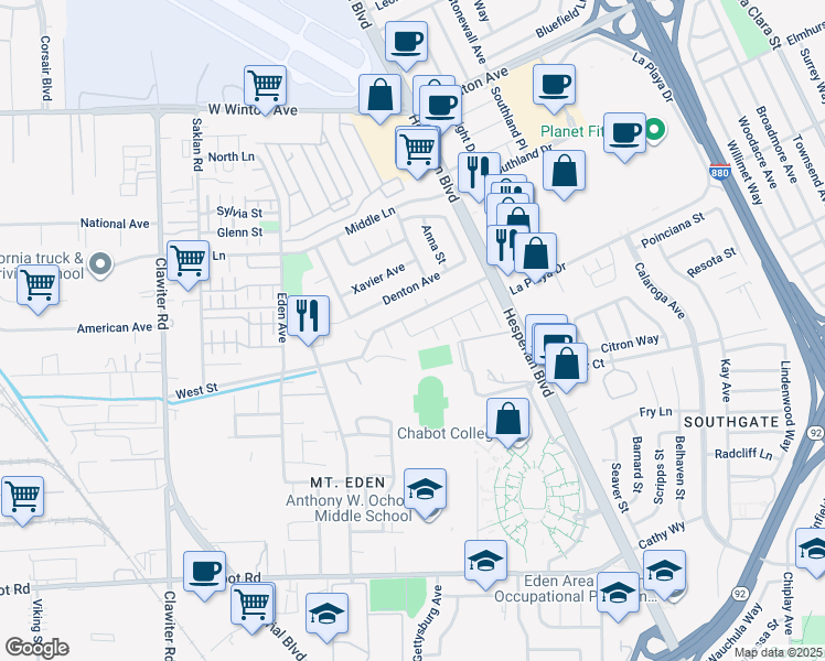 map of restaurants, bars, coffee shops, grocery stores, and more near 1385 Sangamore Street in Hayward