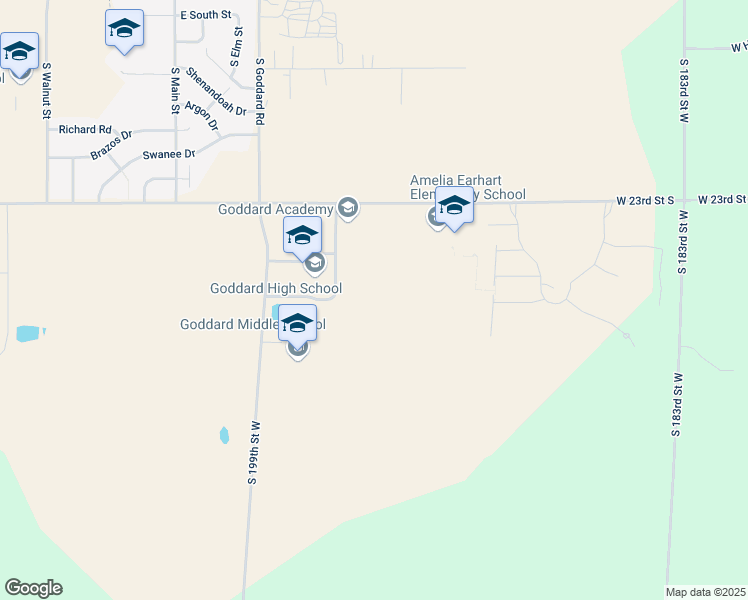 map of restaurants, bars, coffee shops, grocery stores, and more near 2500 South 199th Street West in Goddard