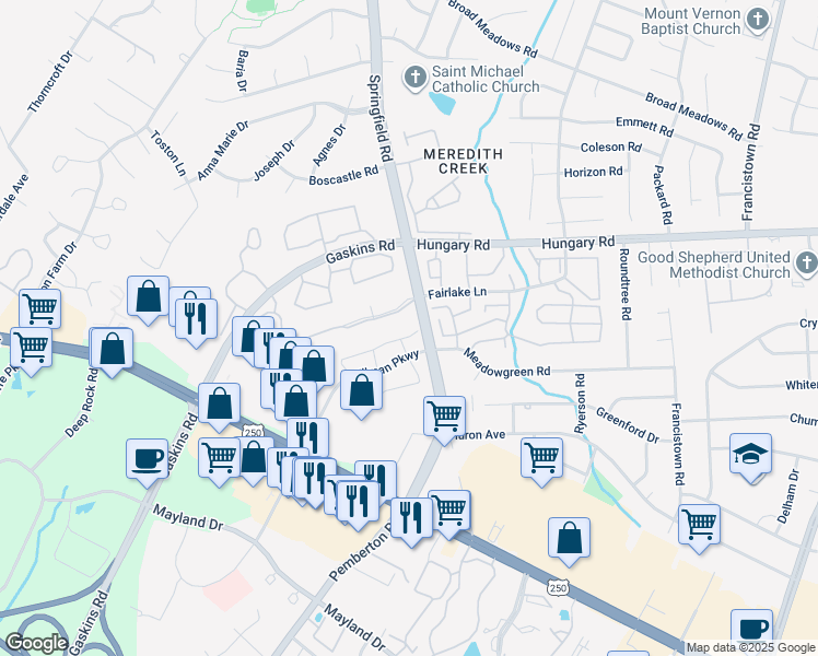 map of restaurants, bars, coffee shops, grocery stores, and more near 9608 Springfield Woods Circle in Glen Allen