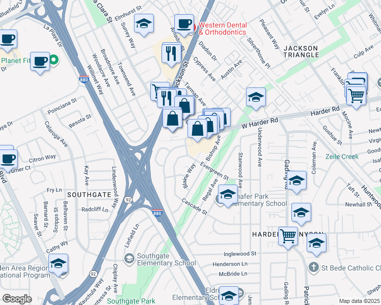 map of restaurants, bars, coffee shops, grocery stores, and more near 25682 Evergreen Street in Hayward
