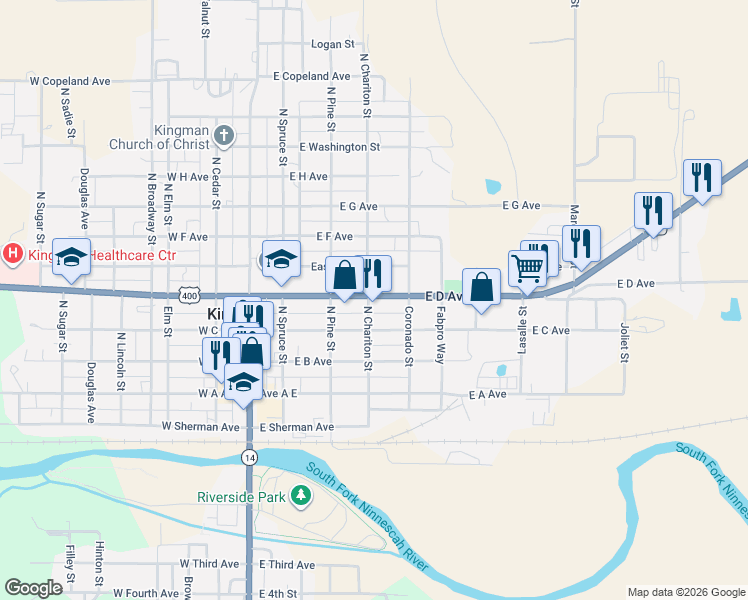 map of restaurants, bars, coffee shops, grocery stores, and more near 401 East East Avenue in Kingman