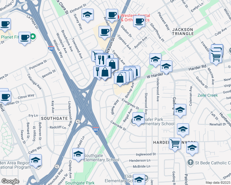 map of restaurants, bars, coffee shops, grocery stores, and more near 25682 Evergreen Street in Hayward