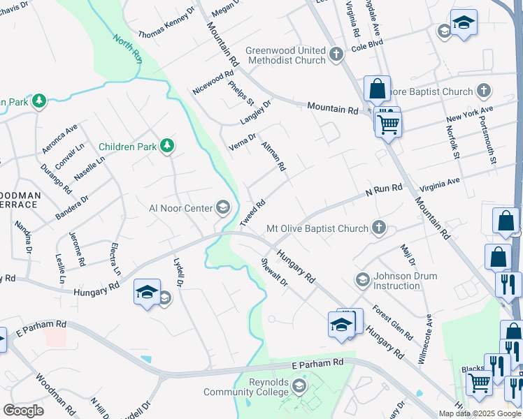 map of restaurants, bars, coffee shops, grocery stores, and more near 9009 Tweed Road in Henrico