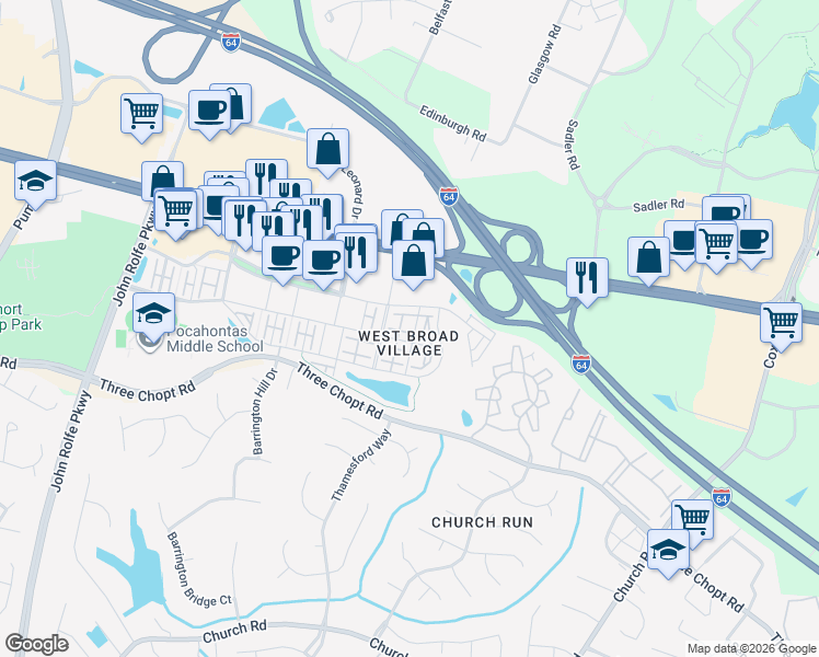 map of restaurants, bars, coffee shops, grocery stores, and more near 1915 Old Brick Road in Glen Allen