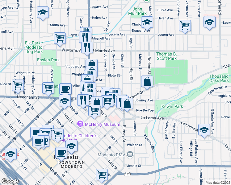 map of restaurants, bars, coffee shops, grocery stores, and more near 214 Semple Street in Modesto
