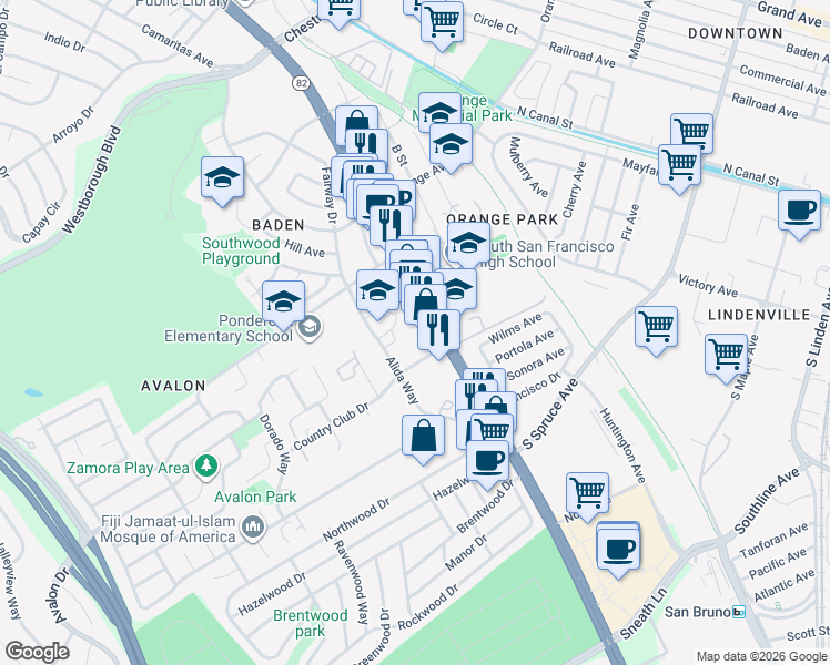 map of restaurants, bars, coffee shops, grocery stores, and more near 465 El Camino Real in South San Francisco