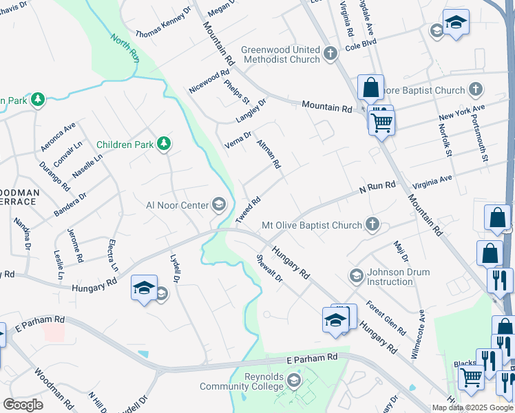 map of restaurants, bars, coffee shops, grocery stores, and more near 9009 Tweed Road in Henrico