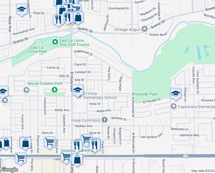map of restaurants, bars, coffee shops, grocery stores, and more near 517 Thames Court in Modesto