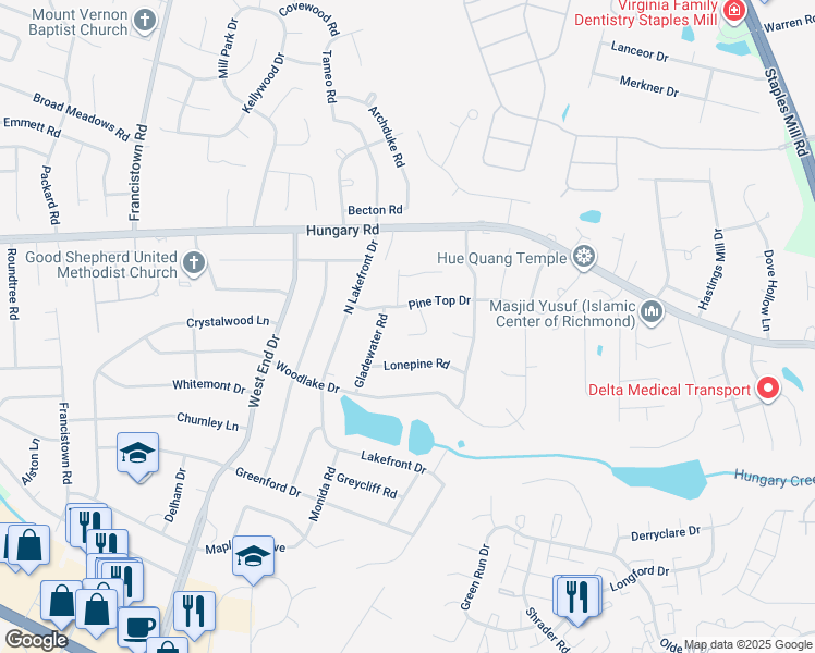 map of restaurants, bars, coffee shops, grocery stores, and more near 4302 Pine Top Court in Richmond