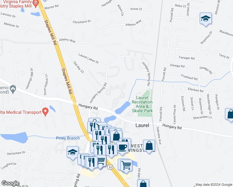 map of restaurants, bars, coffee shops, grocery stores, and more near 9354 Castle York Court in Glen Allen