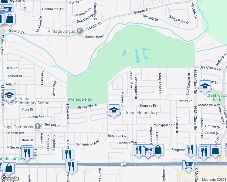 map of restaurants, bars, coffee shops, grocery stores, and more near 2816 Villarireal Way in Modesto