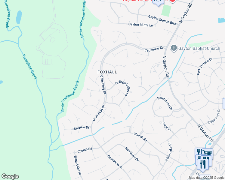 map of restaurants, bars, coffee shops, grocery stores, and more near 13428 College Valley Lane in Richmond