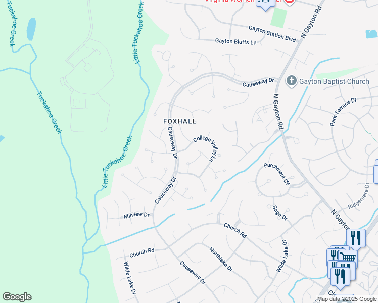 map of restaurants, bars, coffee shops, grocery stores, and more near 13428 College Valley Lane in Richmond