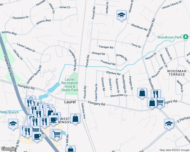 map of restaurants, bars, coffee shops, grocery stores, and more near 9734 Laurel Pine Drive in Richmond