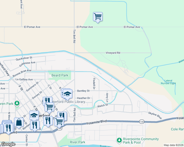 map of restaurants, bars, coffee shops, grocery stores, and more near 13183 Enid Drive in Waterford