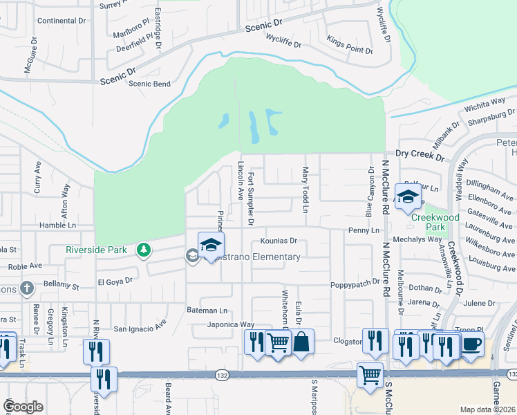 map of restaurants, bars, coffee shops, grocery stores, and more near 3025 Independence Way in Modesto