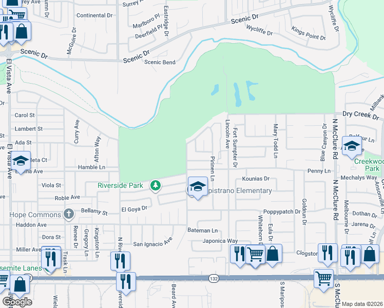 map of restaurants, bars, coffee shops, grocery stores, and more near 545 Navarre Place in Modesto